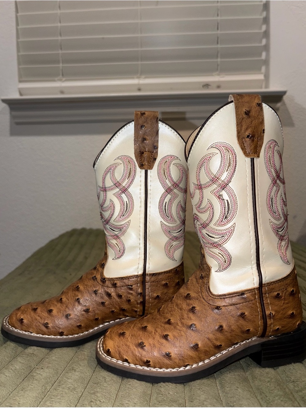 Old West Cream and Brown Kids Ostrich-Textured Western Boots with Pink Stitching